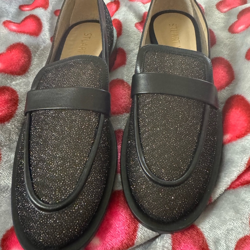 Stuart Weitzman Black Flats with Sparkly Texture and Classic Loafer Design